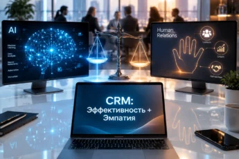 CRM для баланса эффективности ИИ и человеческих отношений на фоне делового совещания.